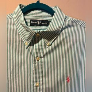 Ralph Lauren Long Sleeve Blue Stripe Cotton Button Mens Shirt Polo Logo